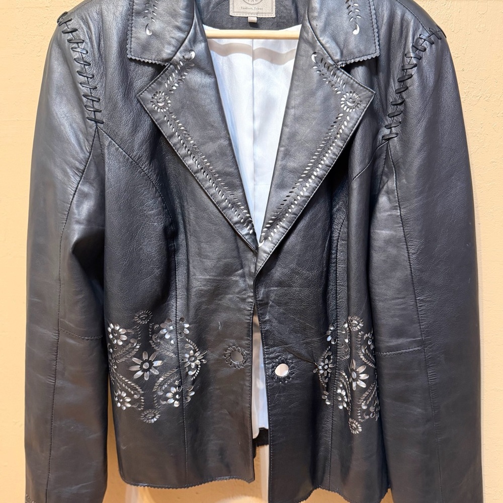 Double D Ranch Black Leather Jacket with Floral cutout